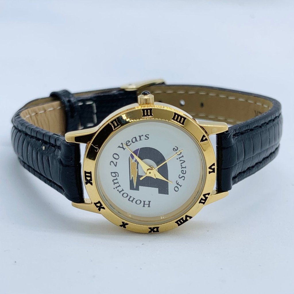 Ladies Quartz Analog Watch 18k Gold Plated 25mm Case Black Leather Strap Running
